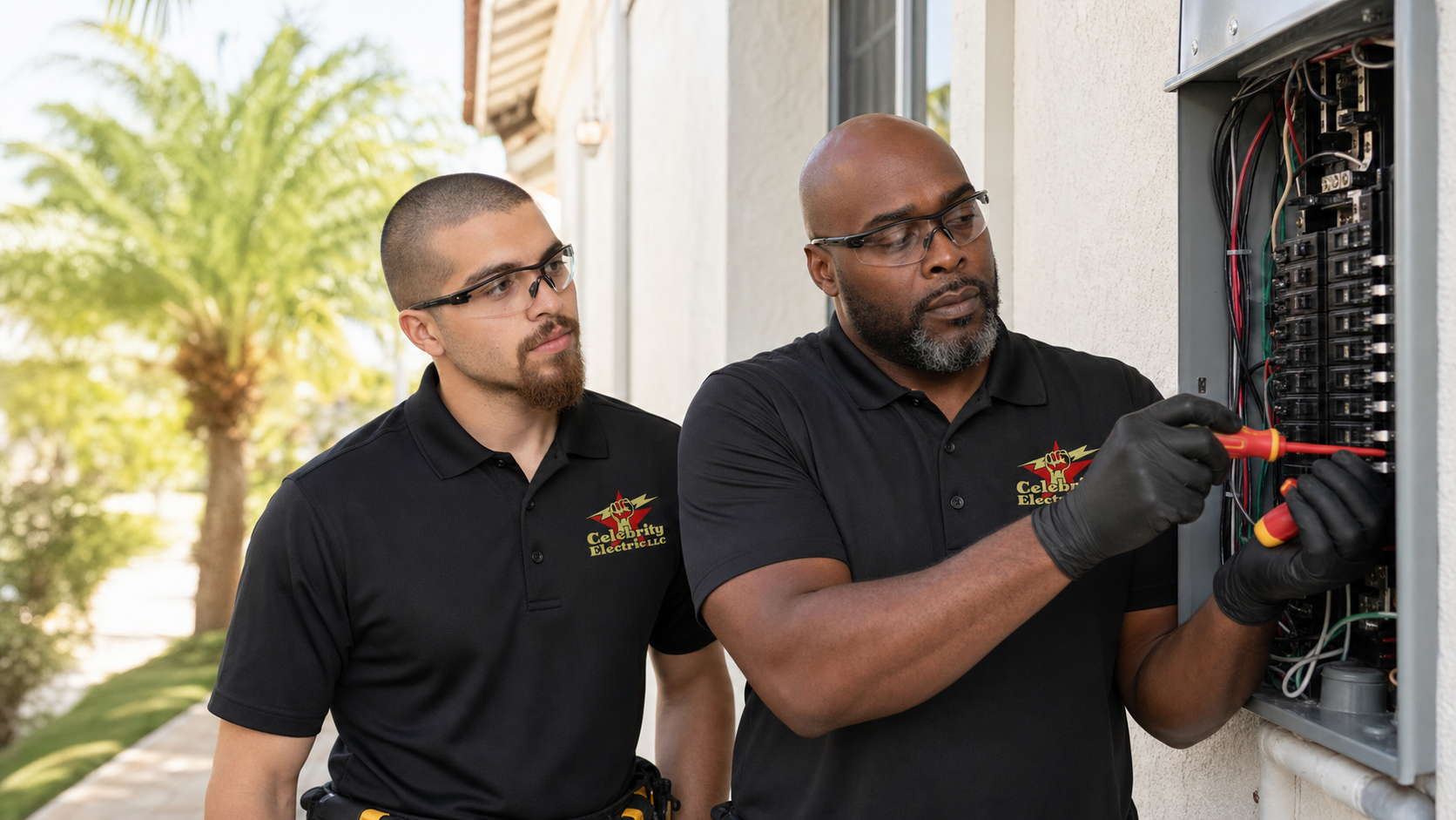 Celebrity Electric team members demonstrating safe electrical panel service