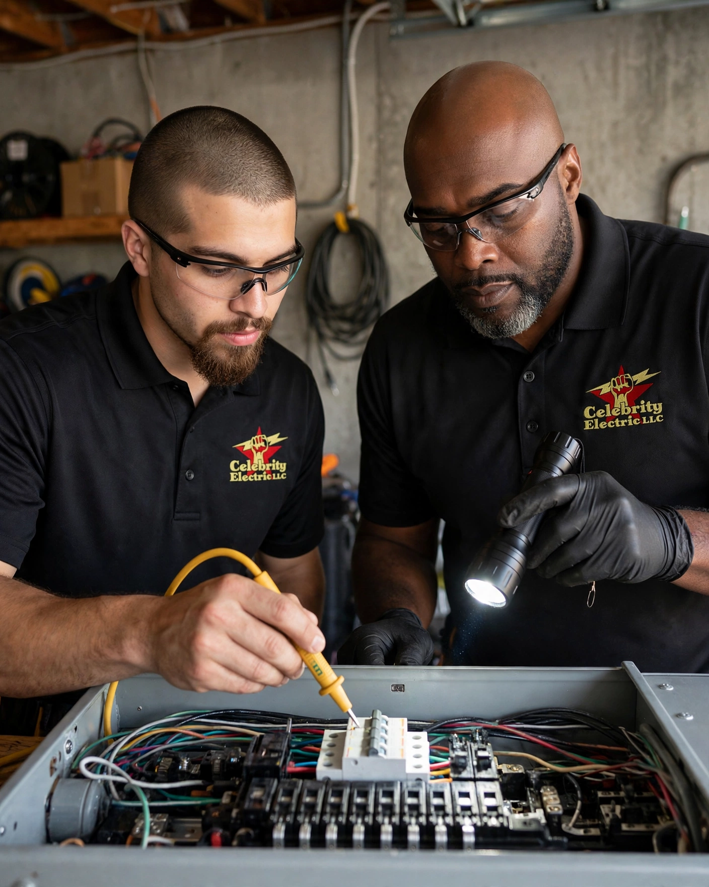 Celebrity Electric service illustration showing electrical panel diagnostics